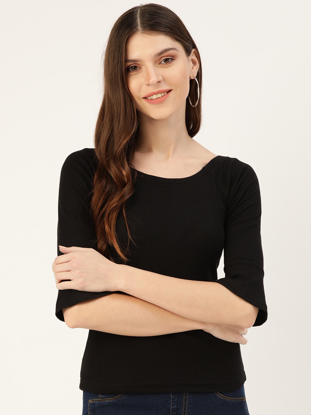 

DressBerry Women Black Ribbed Fitted Top