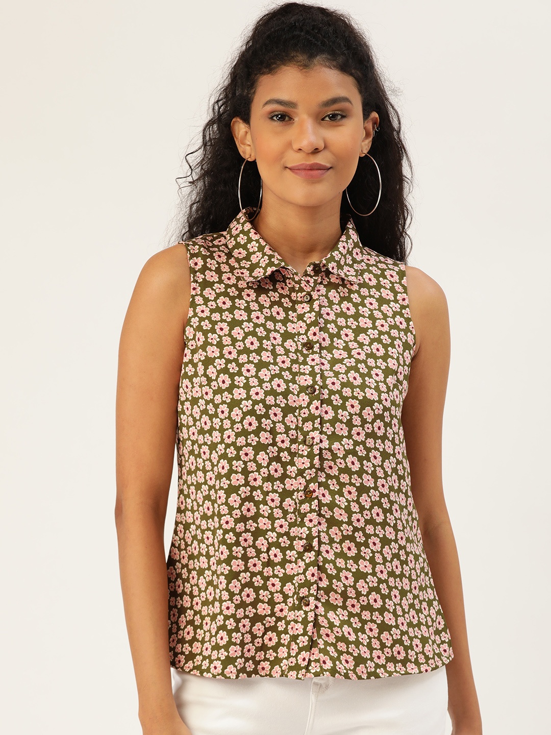 

DressBerry Women Olive Green & Pink Regular Fit Floral Printed Casual Shirt