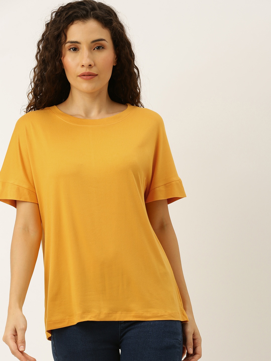 

DressBerry Women Mustard Yellow Solid Round Neck T-shirt