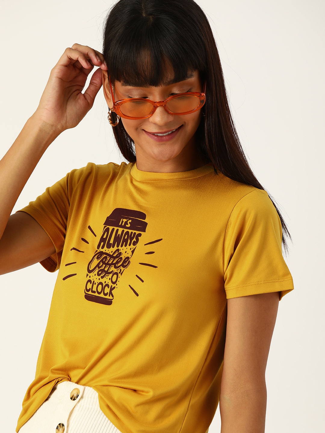 

DressBerry Women Mustard Yellow Printed Round Neck T-shirt