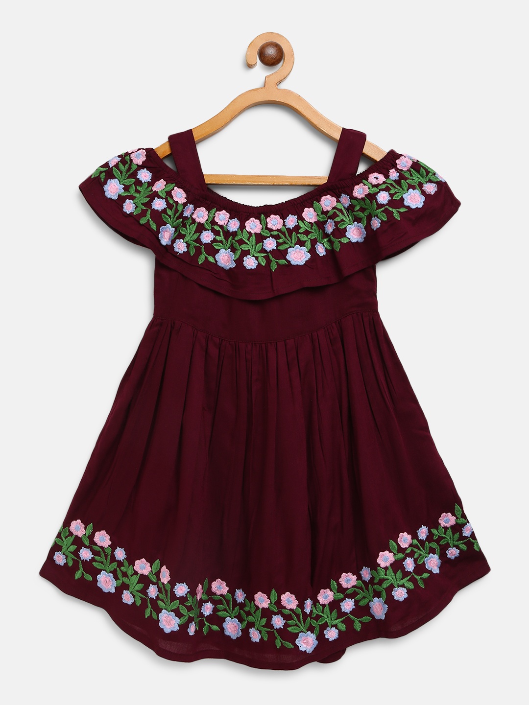 

Bella Moda Girls Burgundy Floral Hand Embroidered Off-Shoulder Fit & Flare Dress