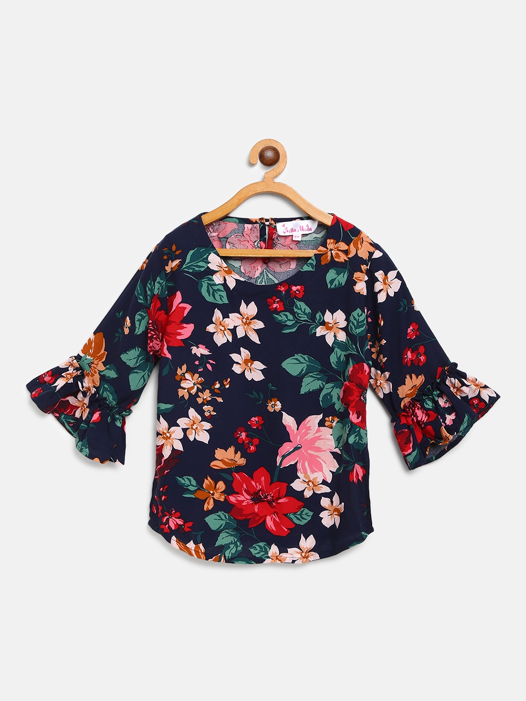 

Bella Moda Girls Navy Blue & Green Floral Print Pure Cotton Top