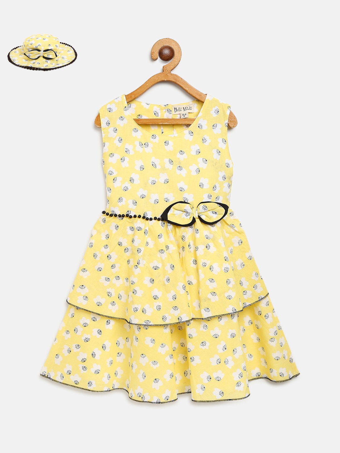 

Bella Moda Girls Yellow & White Ditsy Floral Print Fit & Flare Dress with Hat