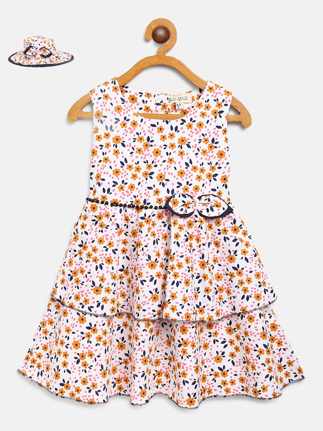 

Bella Moda Girls White & Mustard Yellow Ditsy Floral Print Fit & Flare Dress with Hat