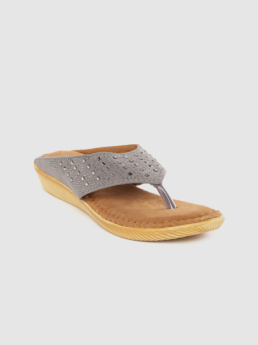 

Myra Women Grey Embellished Velvet Open Toe Flats