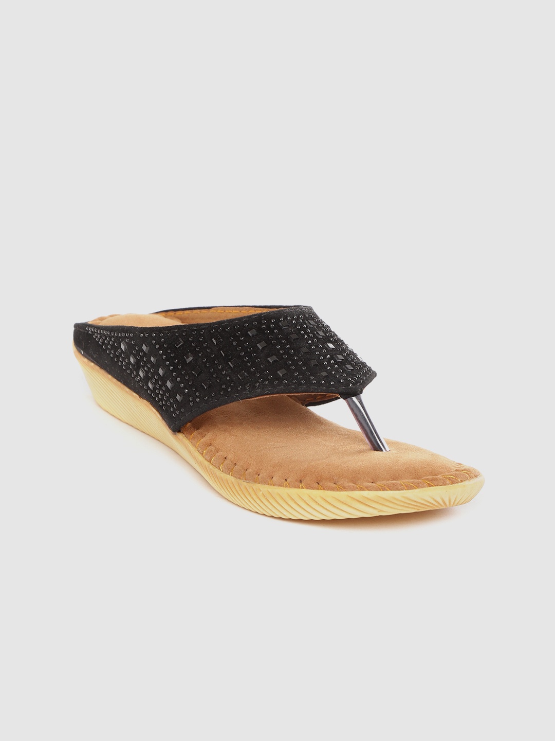

Myra Women Black Embellished Velvet Open Toe Flats