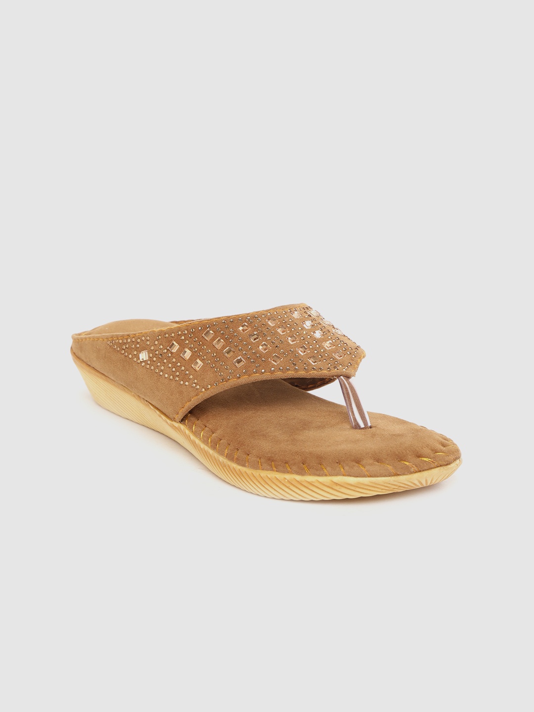 

Myra Women Tan Brown Embellished Velvet Open Toe Flats