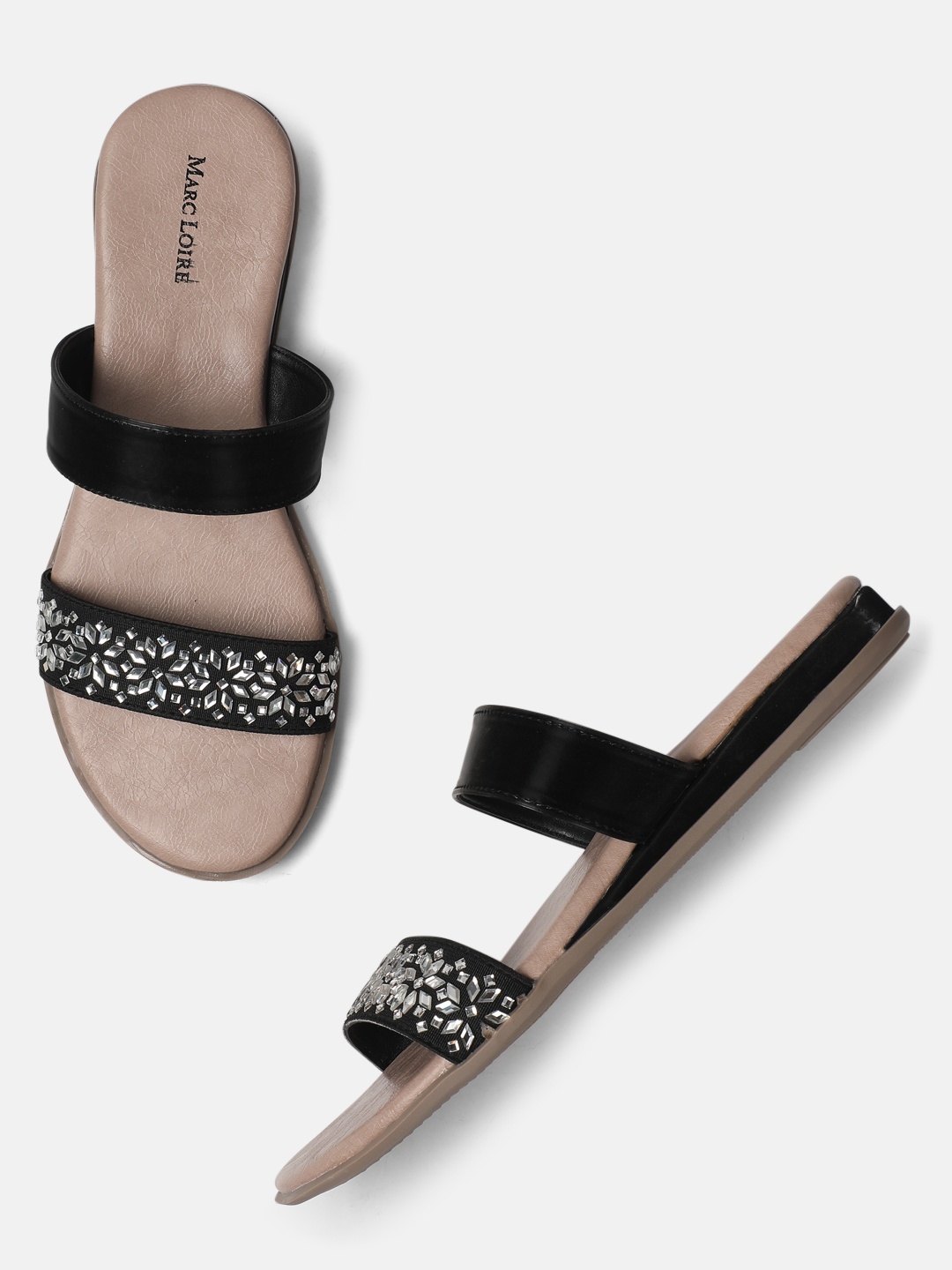 

Marc Loire Women Black & Silver-Toned Studded Open Toe Flats
