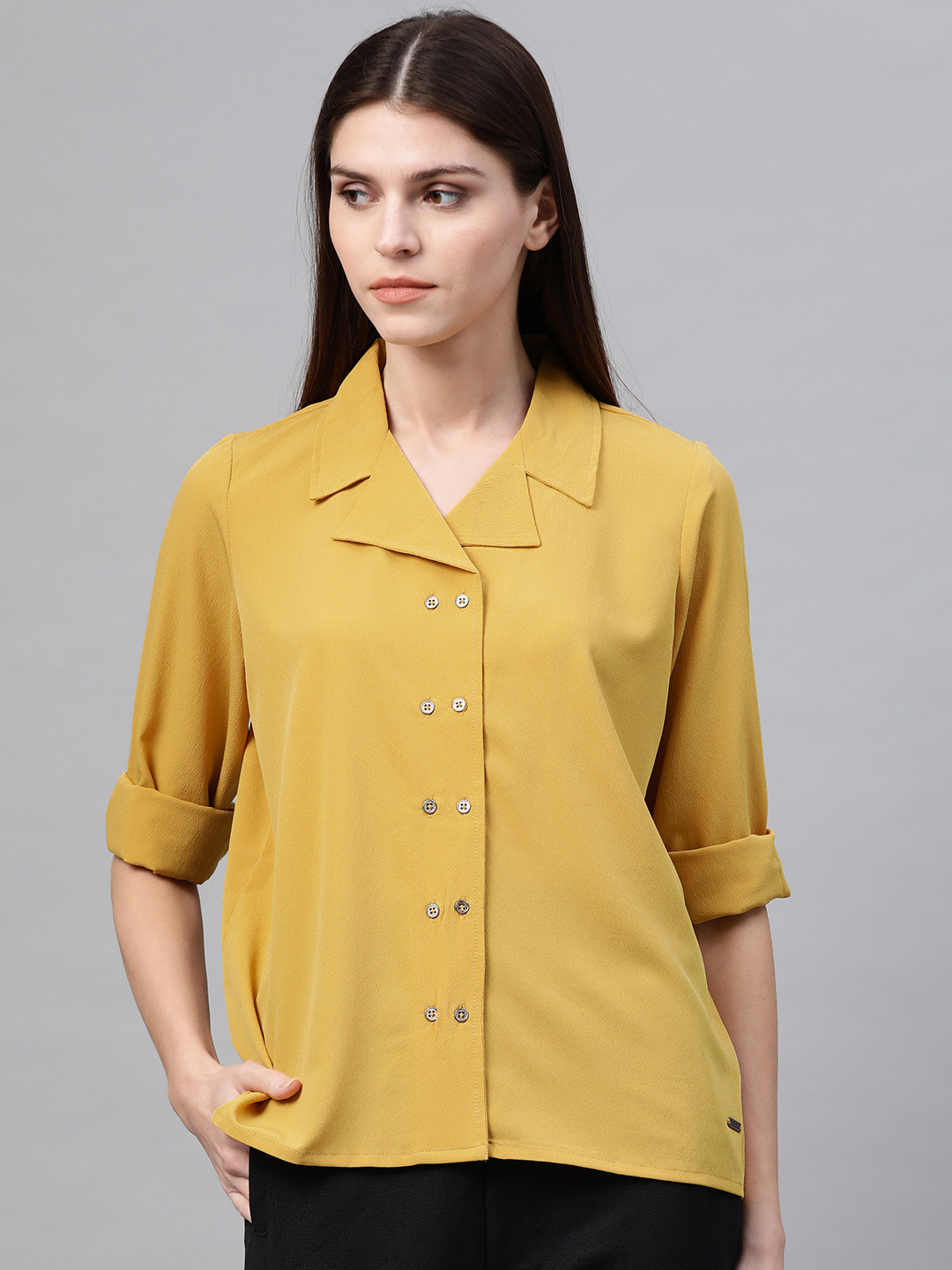

Roadster Women Mustard Yellow Regular Fit Solid Casual Shirt