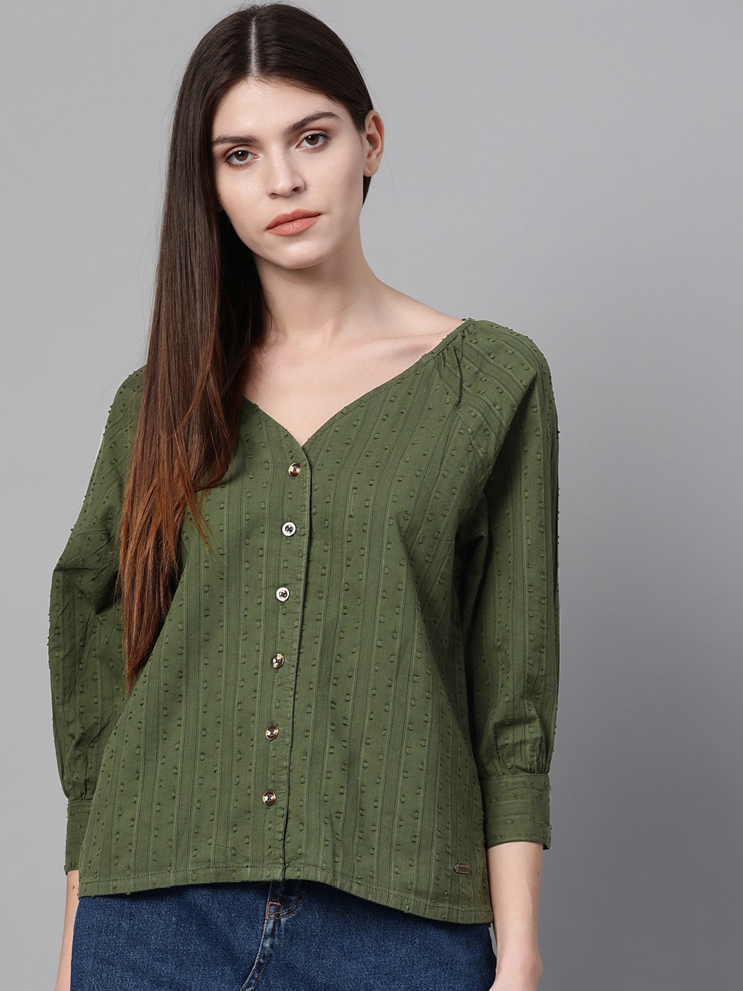 

Roadster Women Olive Green Dobby Weave Self-Striped Pure Cotton Top