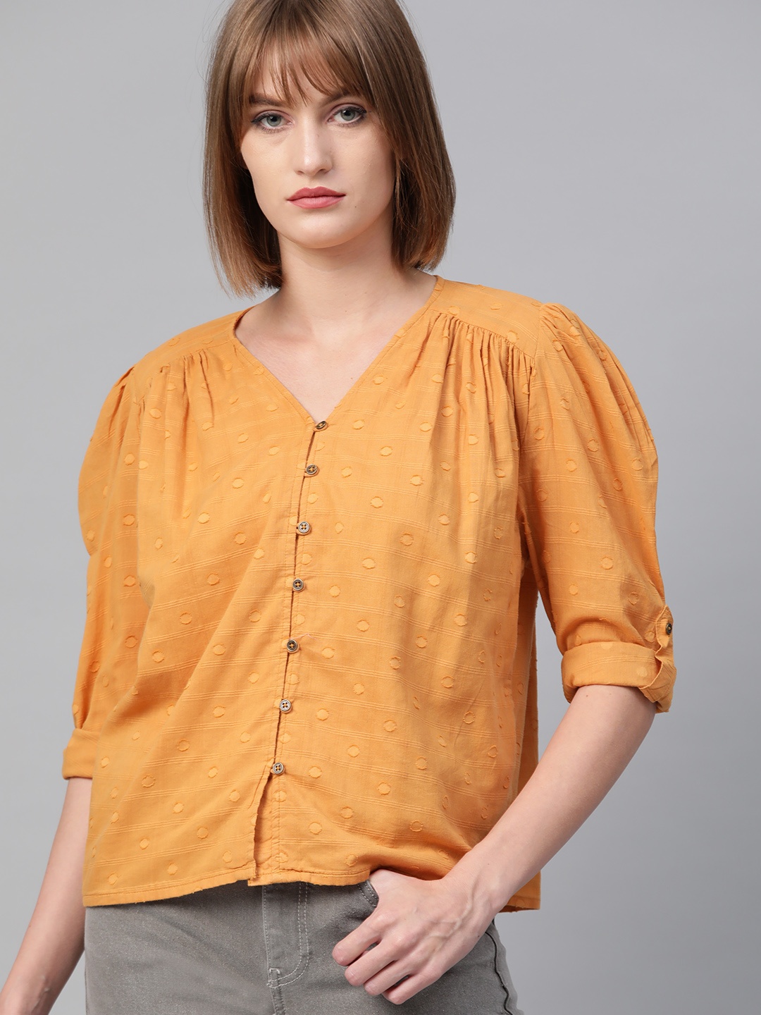 

Roadster Women Mustard Yellow Self Design Pure Cotton Top