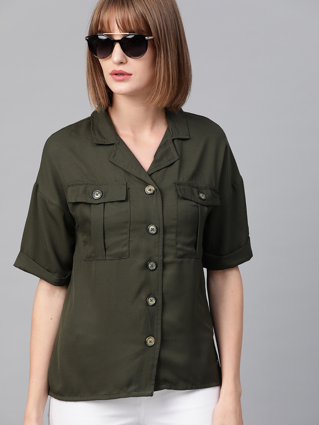 

Roadster Women Olive Green Regular Fit Solid Casual Shirt