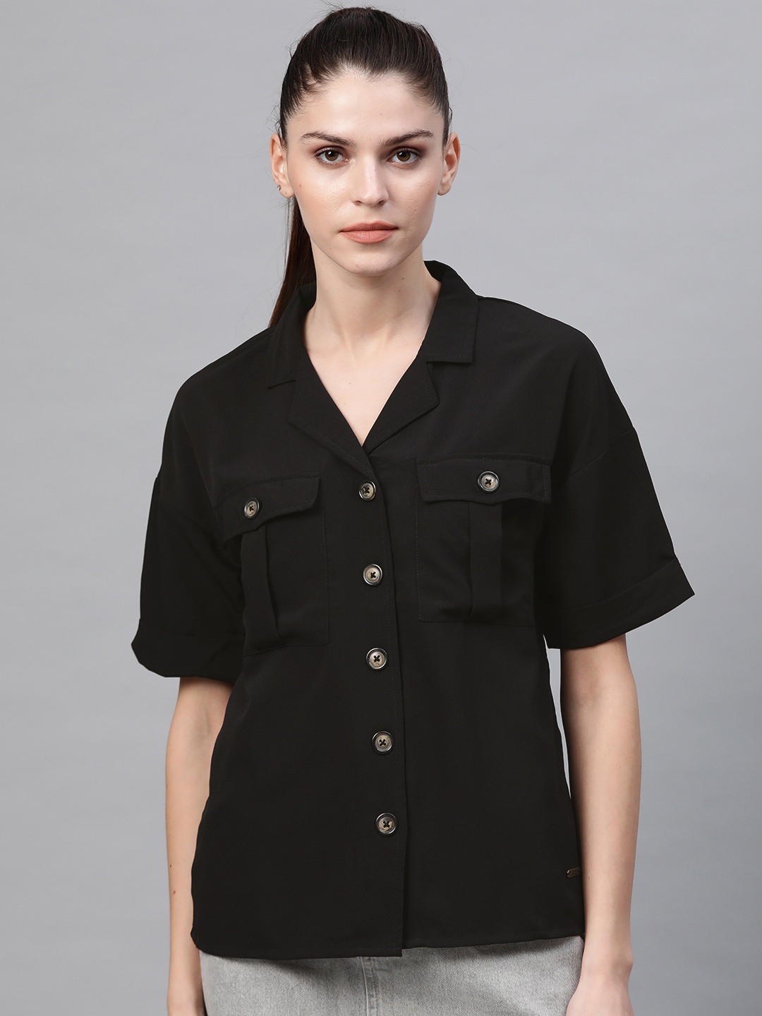 

Roadster Women Black Regular Fit Solid Casual Shirt