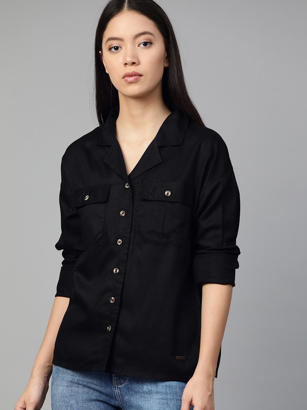 

Roadster Women Black Regular Fit Solid Sustainable Casual Shirt