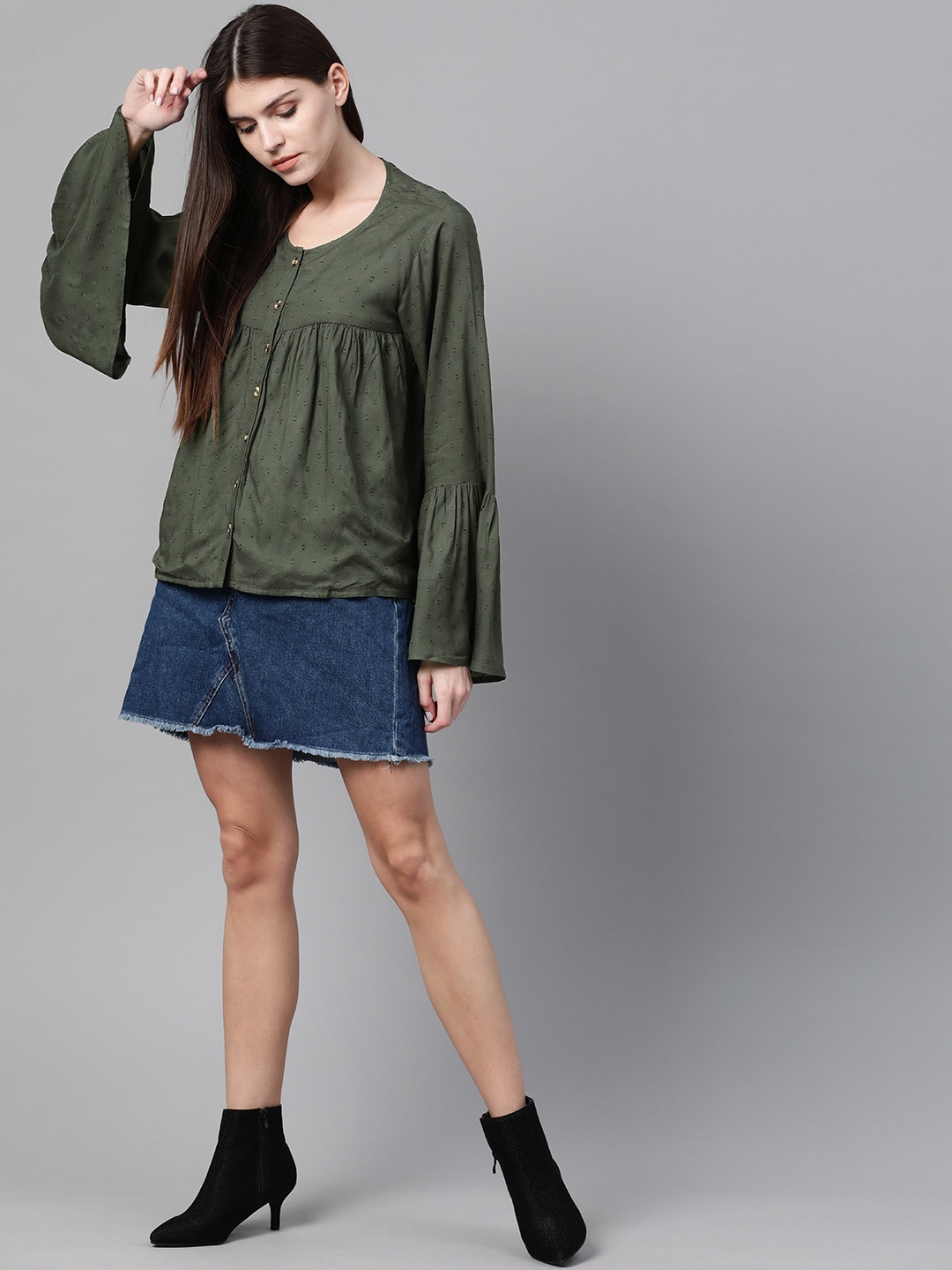 

Roadster Women Olive Green Dobby Weave Self Design Bell Sleeves Top