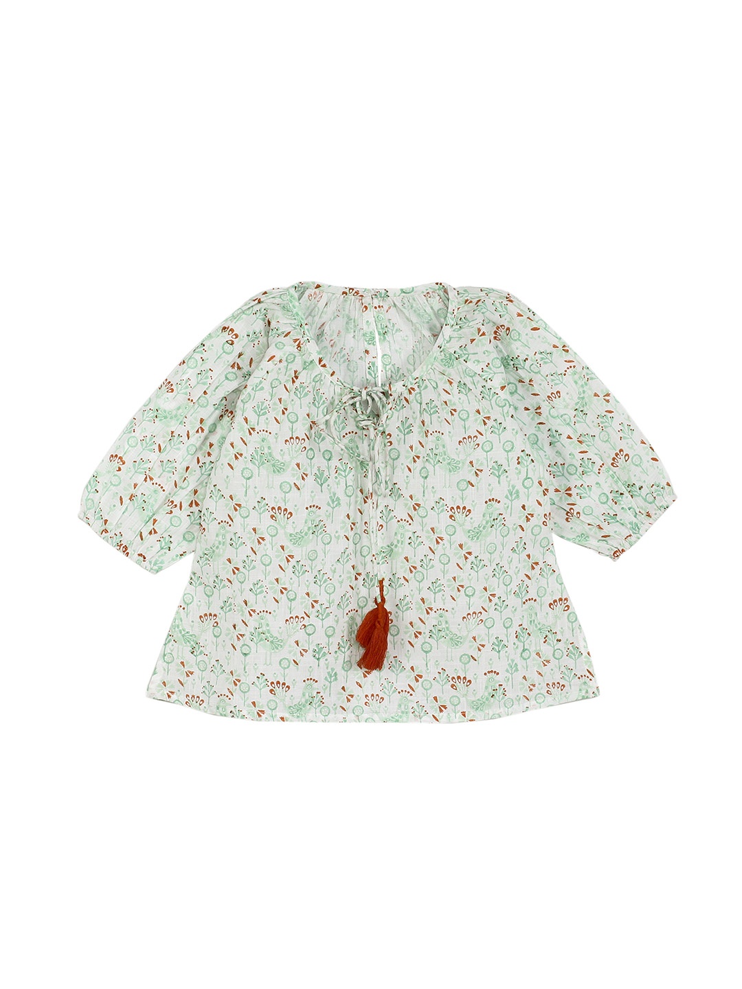 

My Little Lambs Girls Off-White & Sea Green Printed A-Line Pure Cotton Top