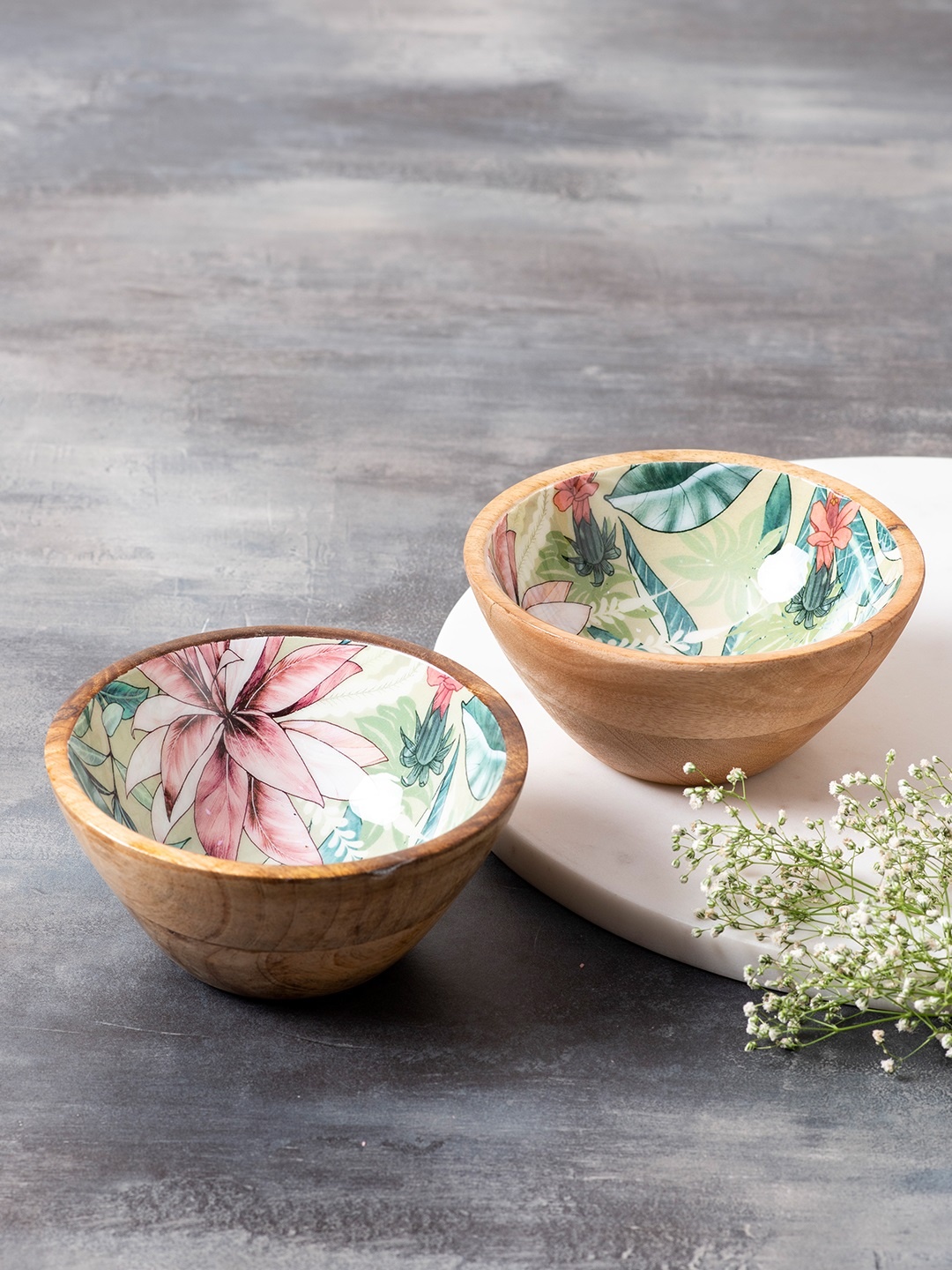 

nestroots Set Of 2 Brown & Green Printed Decorative Mango Wood Serving Bowls