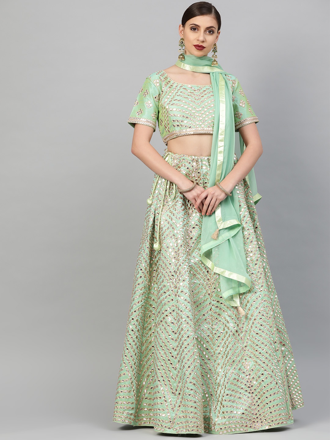 

Chhabra 555 Green & Golden Made-to-Measure Resham & Mirror Work Lehenga Choli with Dupatta