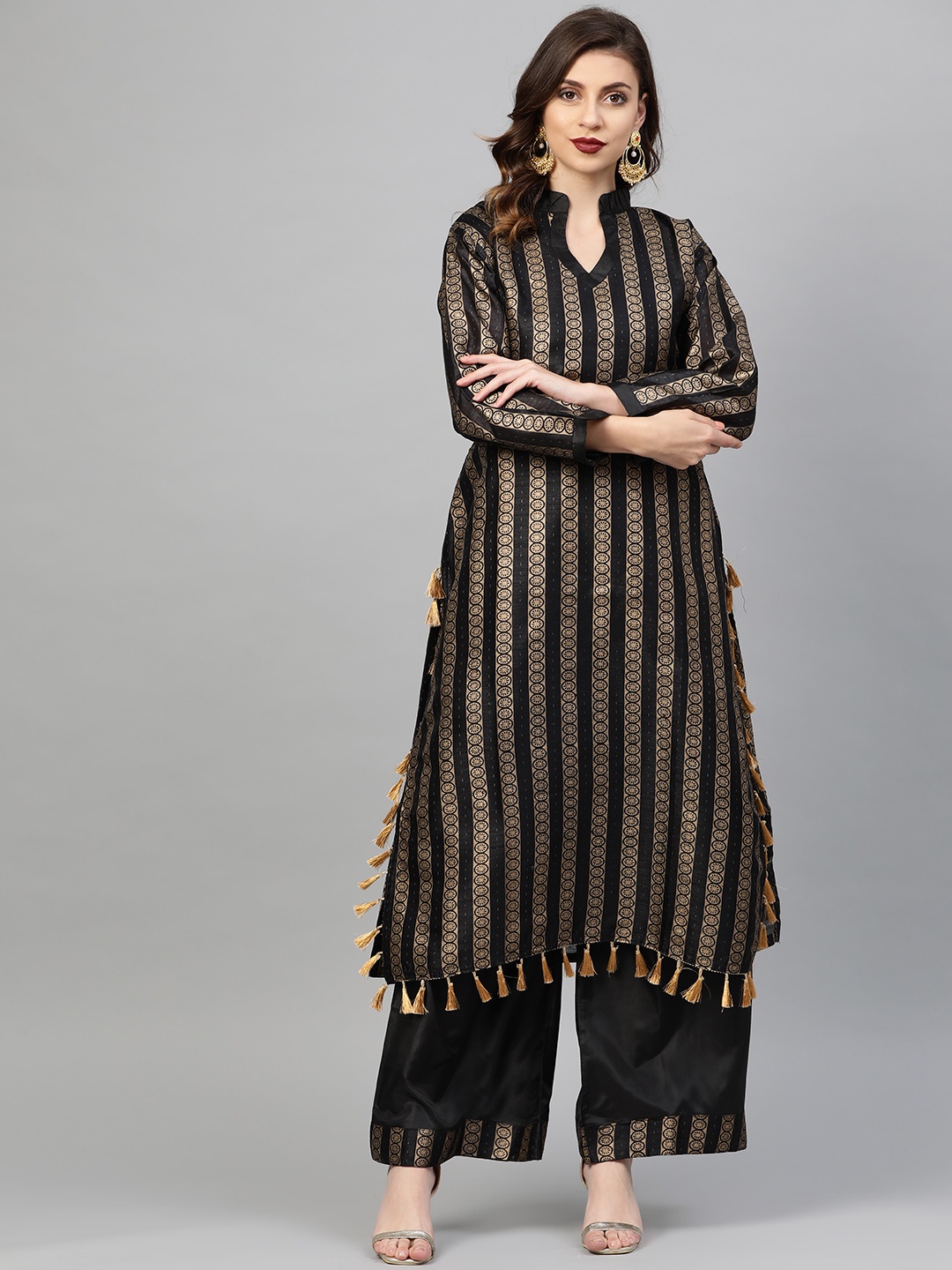 

Chhabra 555 Women Black & Gold Foil Print Made to Measure Kurta with Palazzos