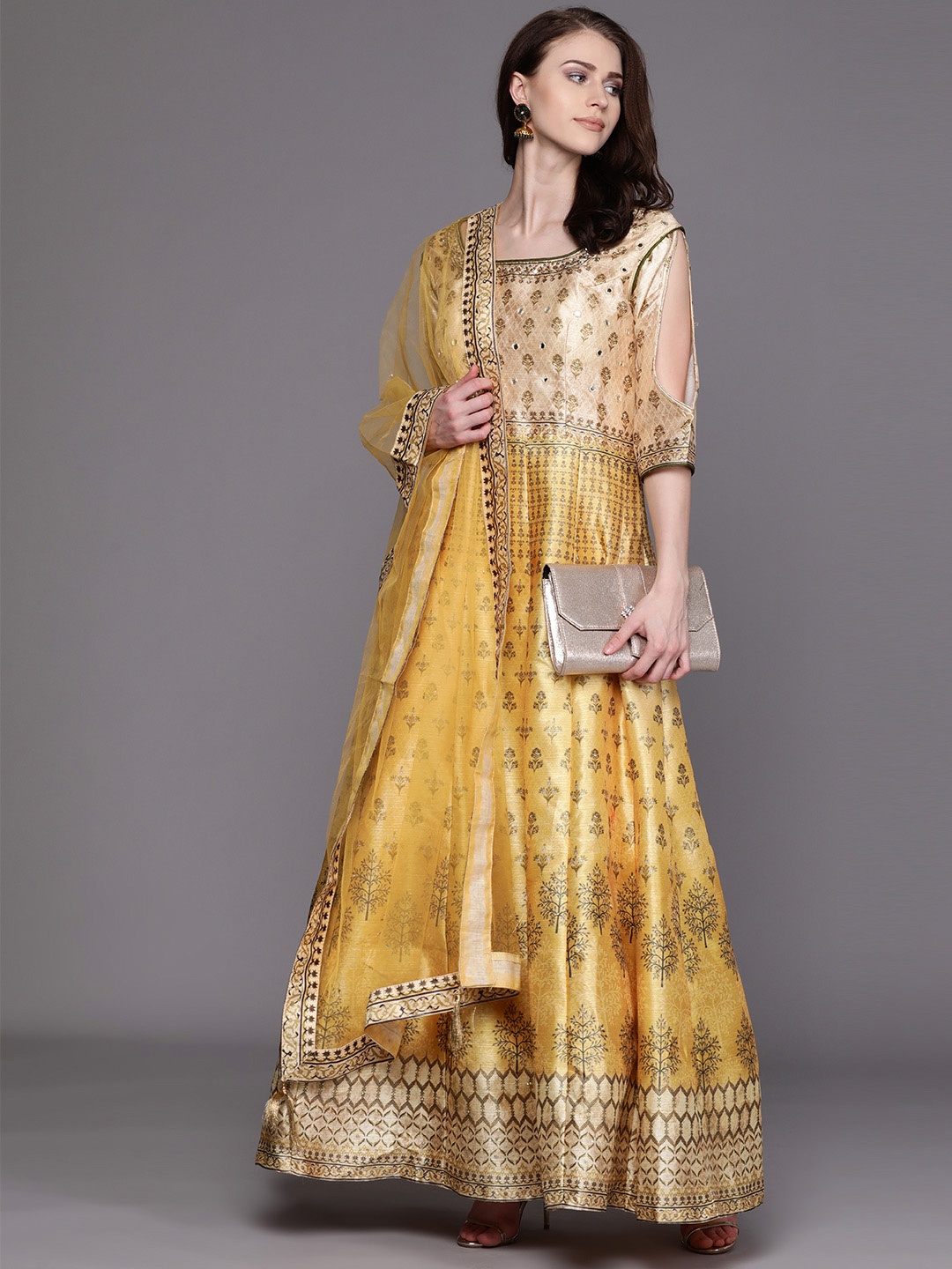 

Chhabra 555 Mustard Yellow & Golden Printed Made to Measure Cocktail Gown with Dupatta