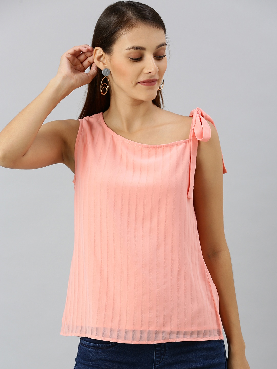 

RARE Women Peach-Coloured Striped Top With Tie-Ups
