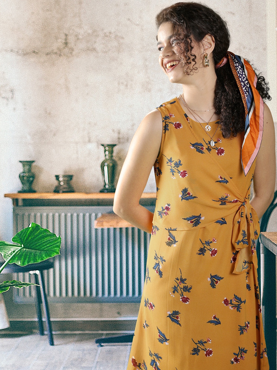 

RARE Women Mustard Yellow and Green Floral Printed A-Line Dress with Tie-Up Detail