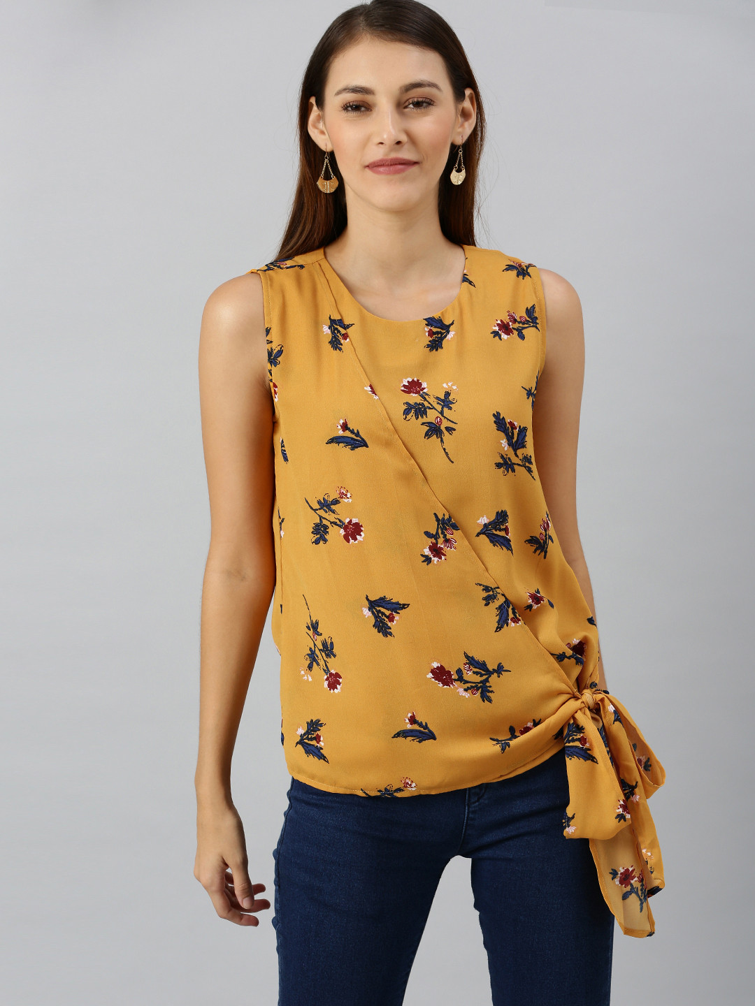 

RARE Women Mustard Yellow & Navy Blue Printed Wrap Top With Waist Tie-Ups