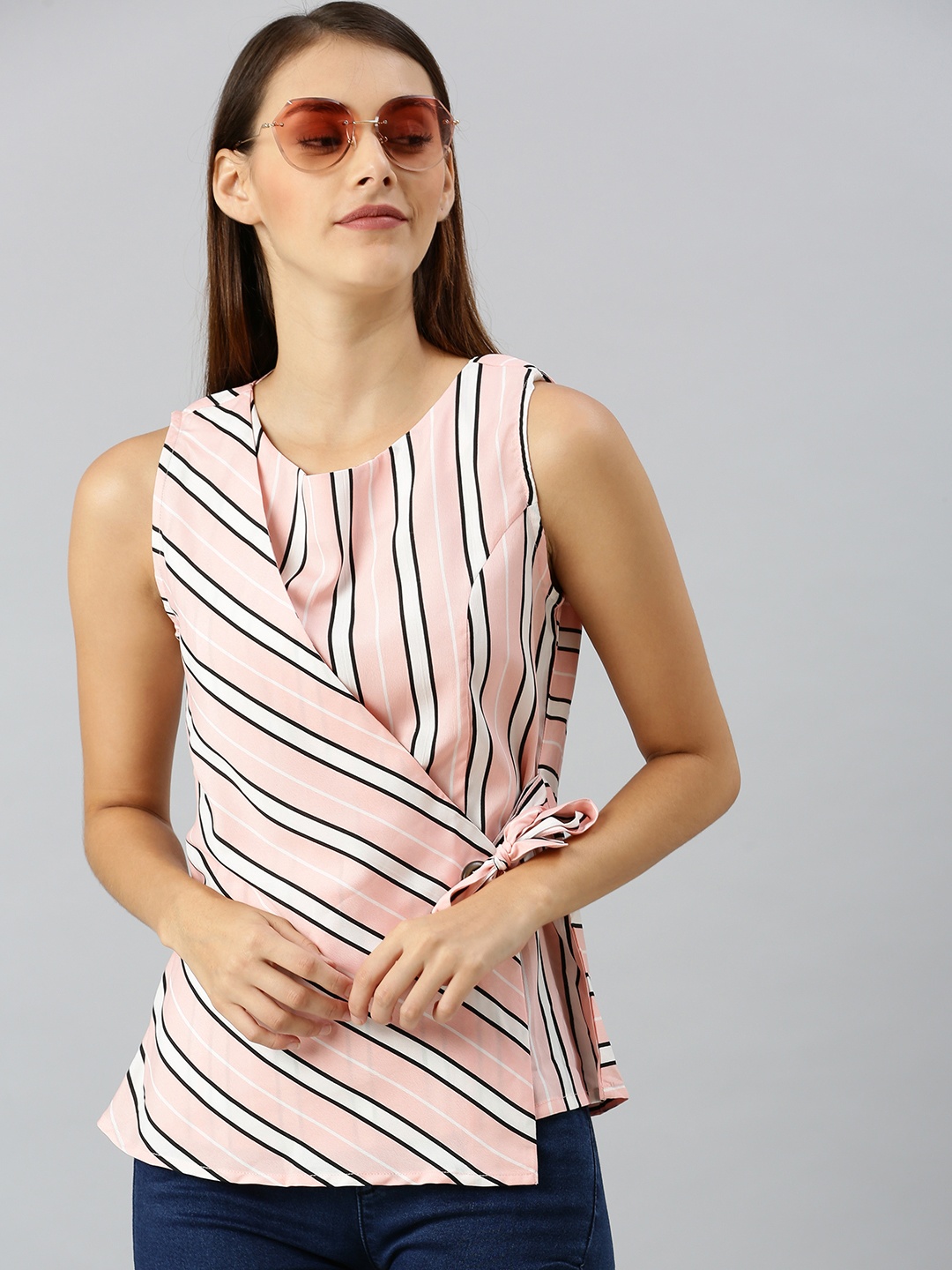 

RARE Women Pink & White Striped Wrap Top With Waist Tie-Ups