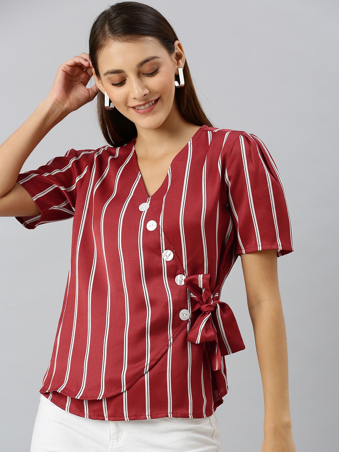 

RARE Women Red & White Striped Wrap Top With Tie-Ups