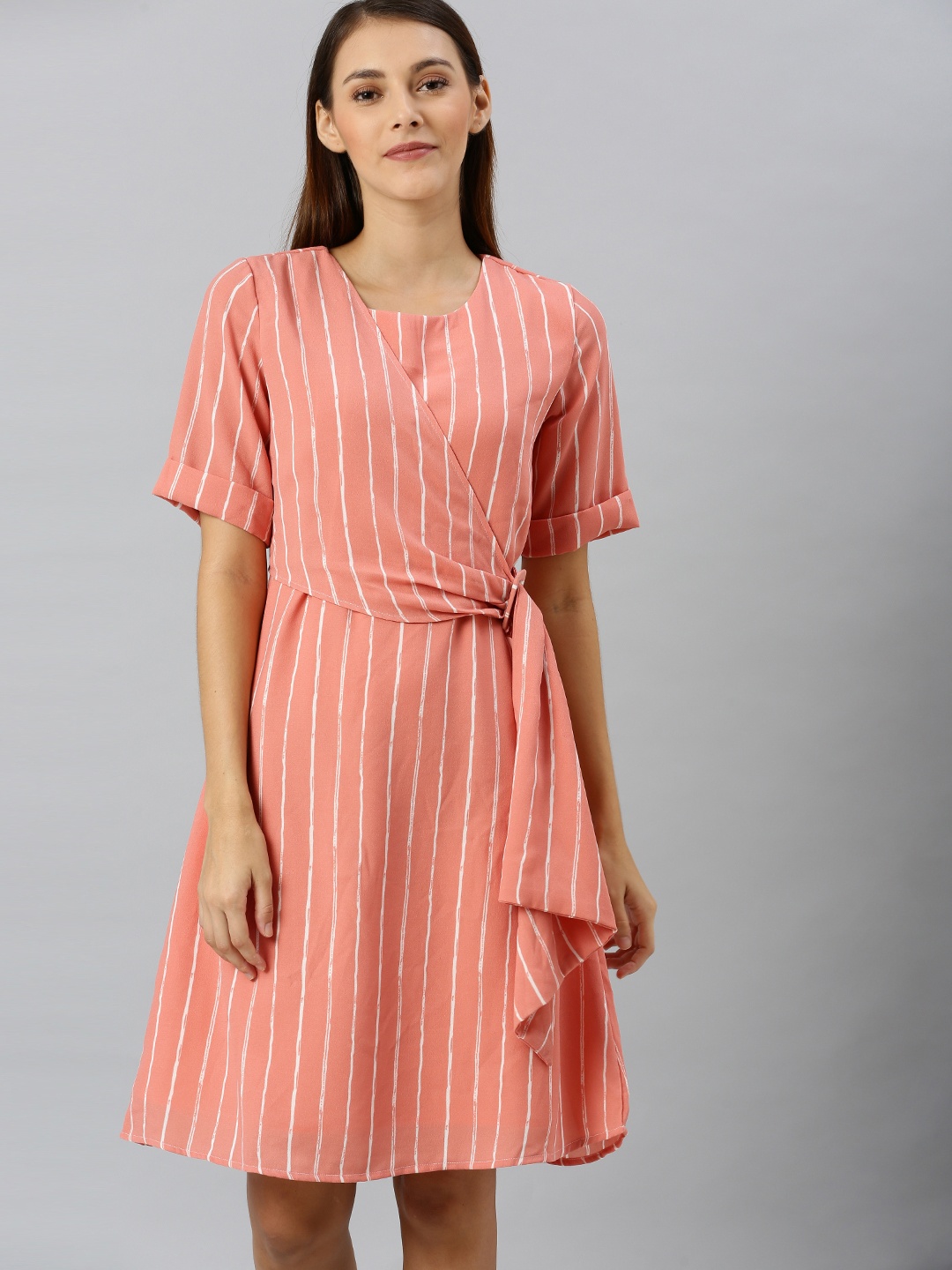 

RARE Women Coral Pink & White Striped Side Tie-Up Wrap Dress