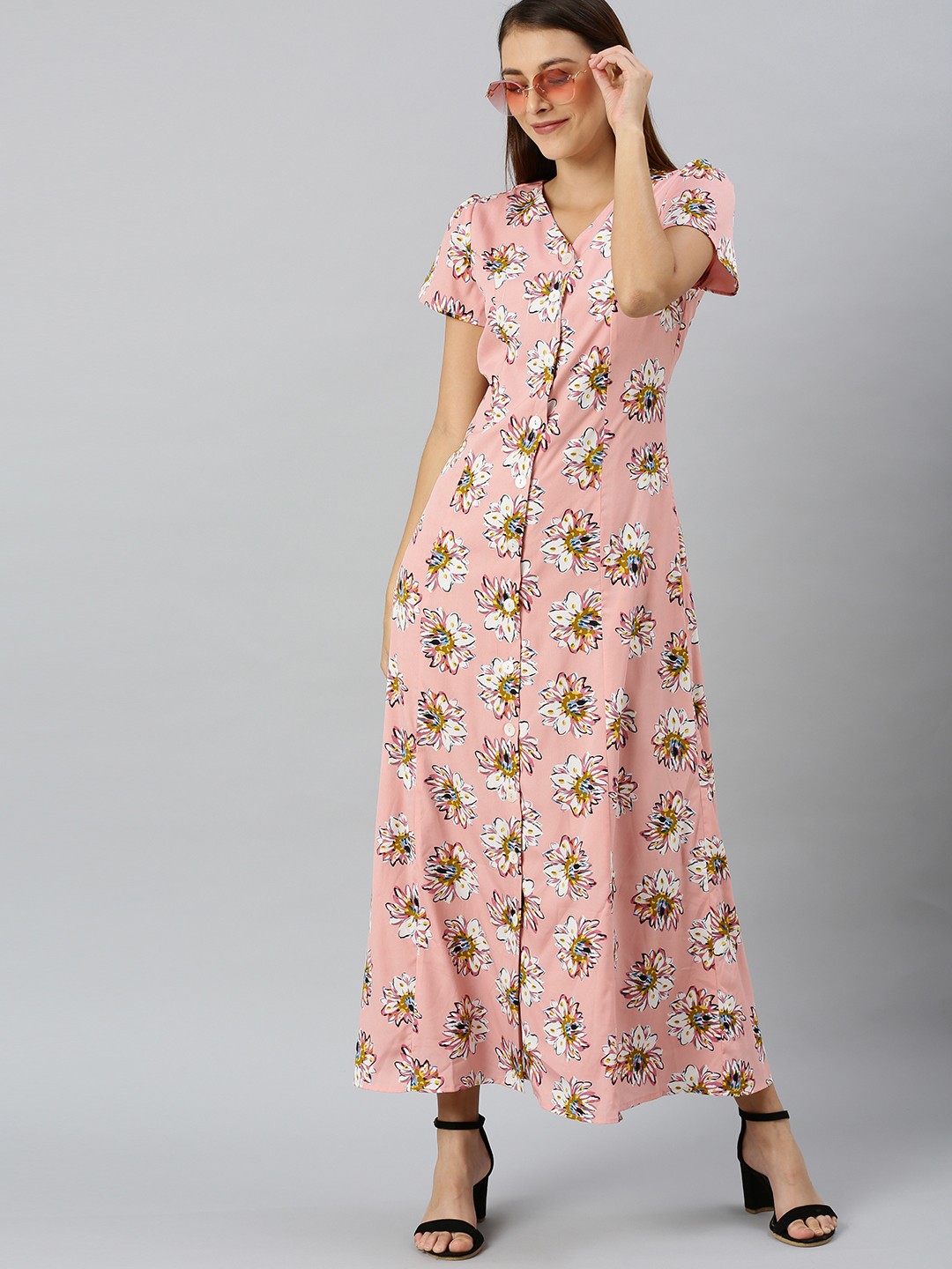 

RARE Womens Pink and Black Floral Print V-Neck Dress