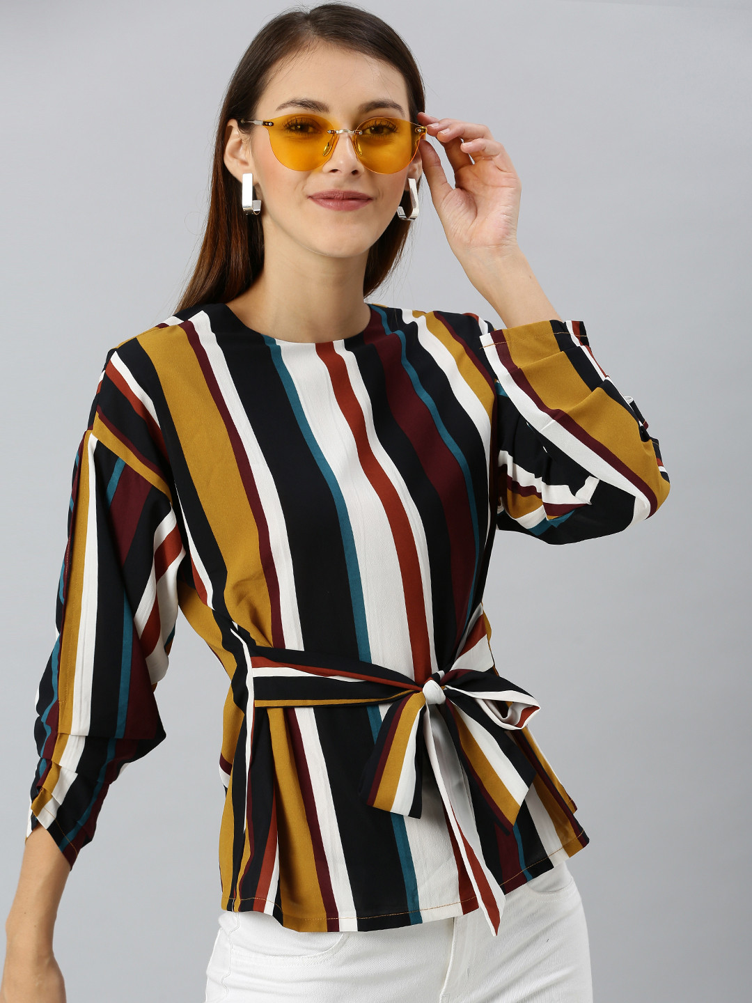 

RARE Women Multicoloured Striped Waist Tie-Up Top, Multi