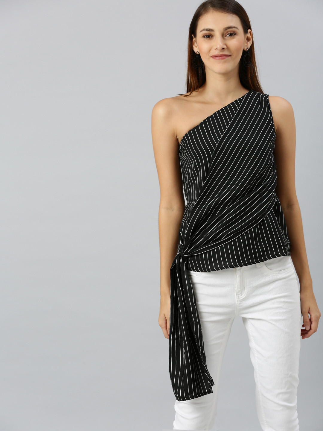 

RARE Women Black Striped Side Knot One-Shoulder Top