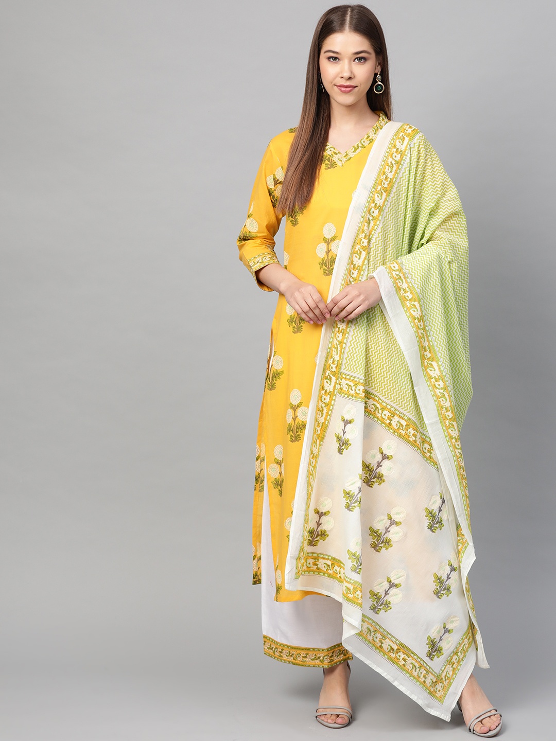 

Indo Era Women Yellow & White Khari Print Kurta with Palazzos & Dupatta