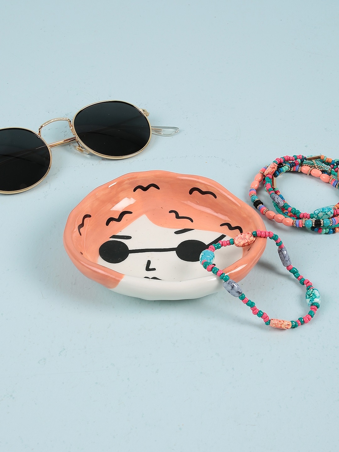 

Chumbak Peach-Coloured & White Printed Tray
