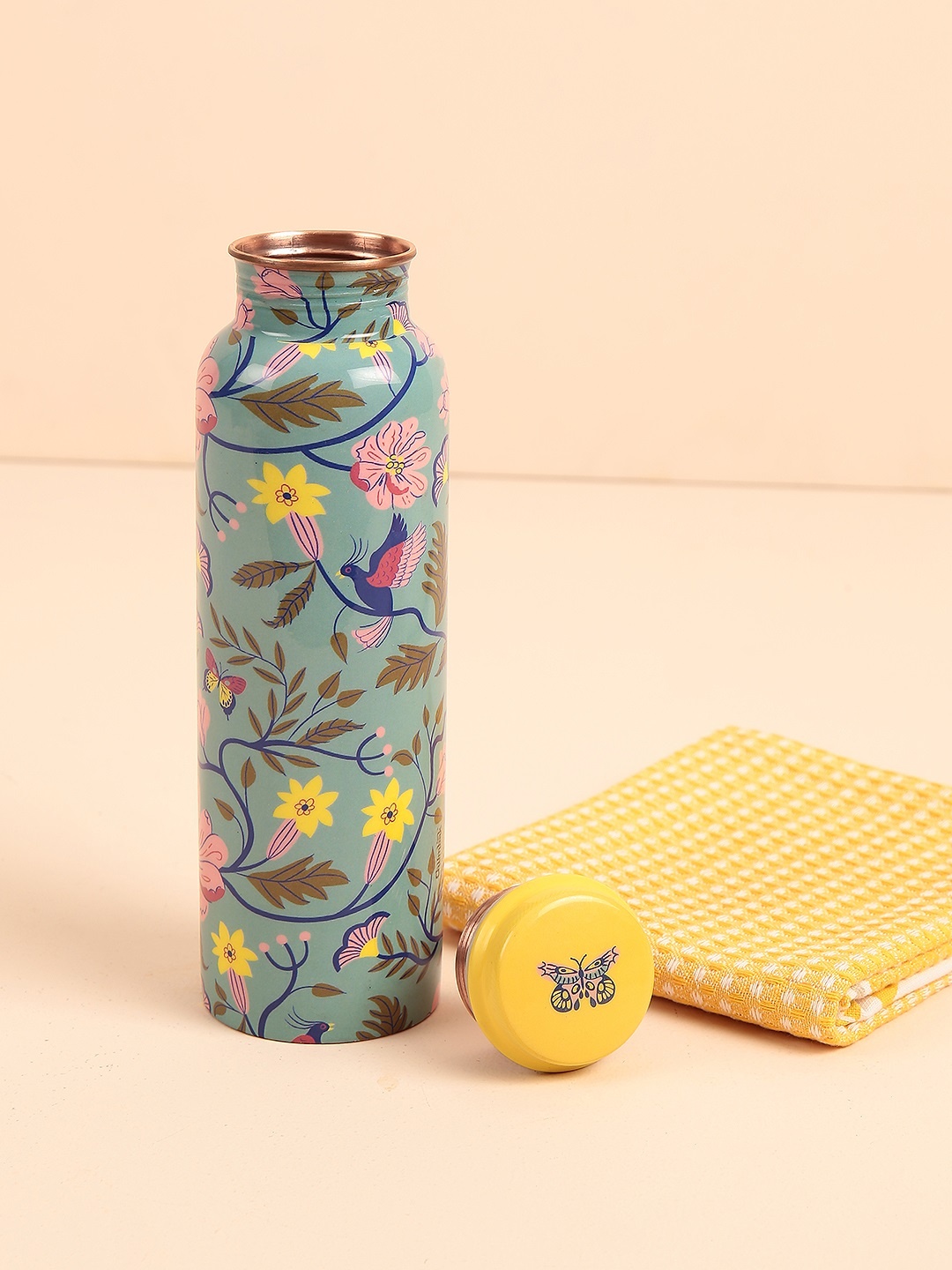 

Chumbak Unisex Blue & Pink Printed Chinoserie Copper Water Bottle