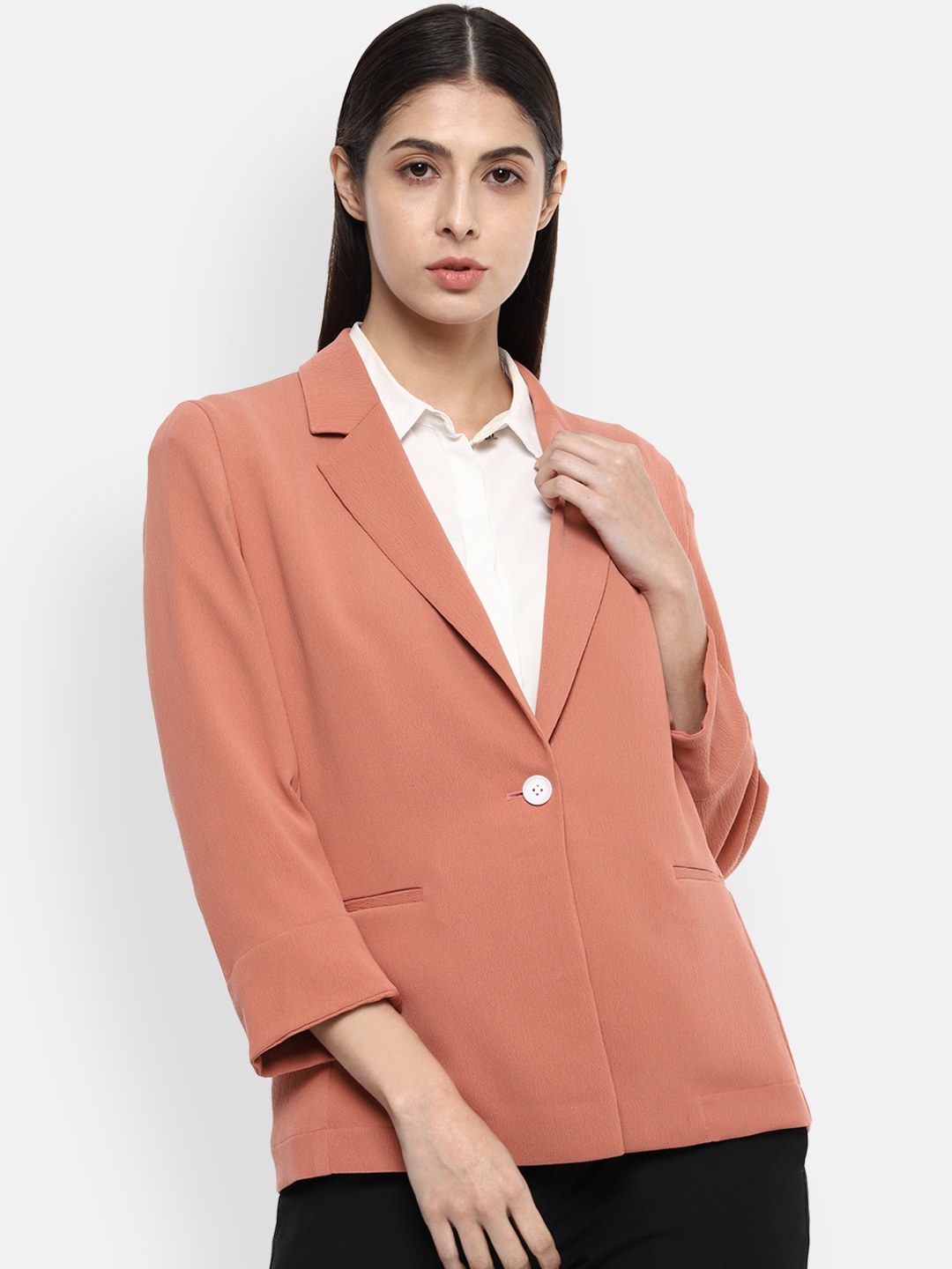 

Van Heusen Woman Peach-Coloured Solid Single-Breasted Formal Blazer