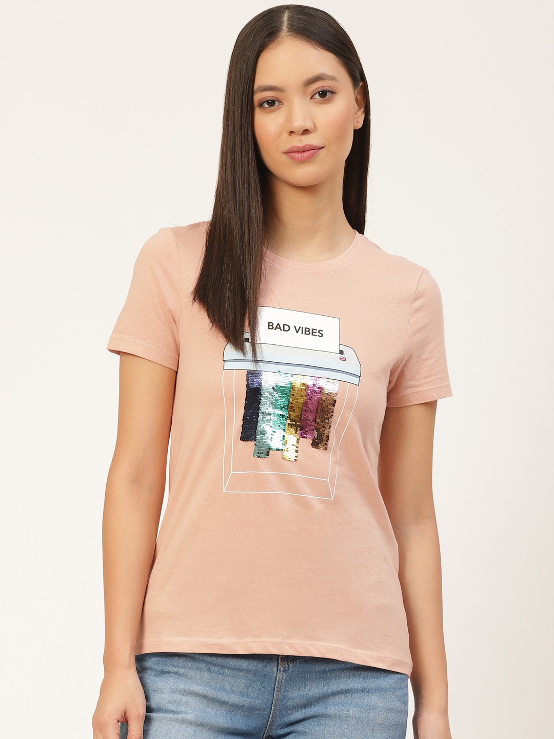 

ONLY Women Dusty Pink & White Printed Round Neck T-shirt