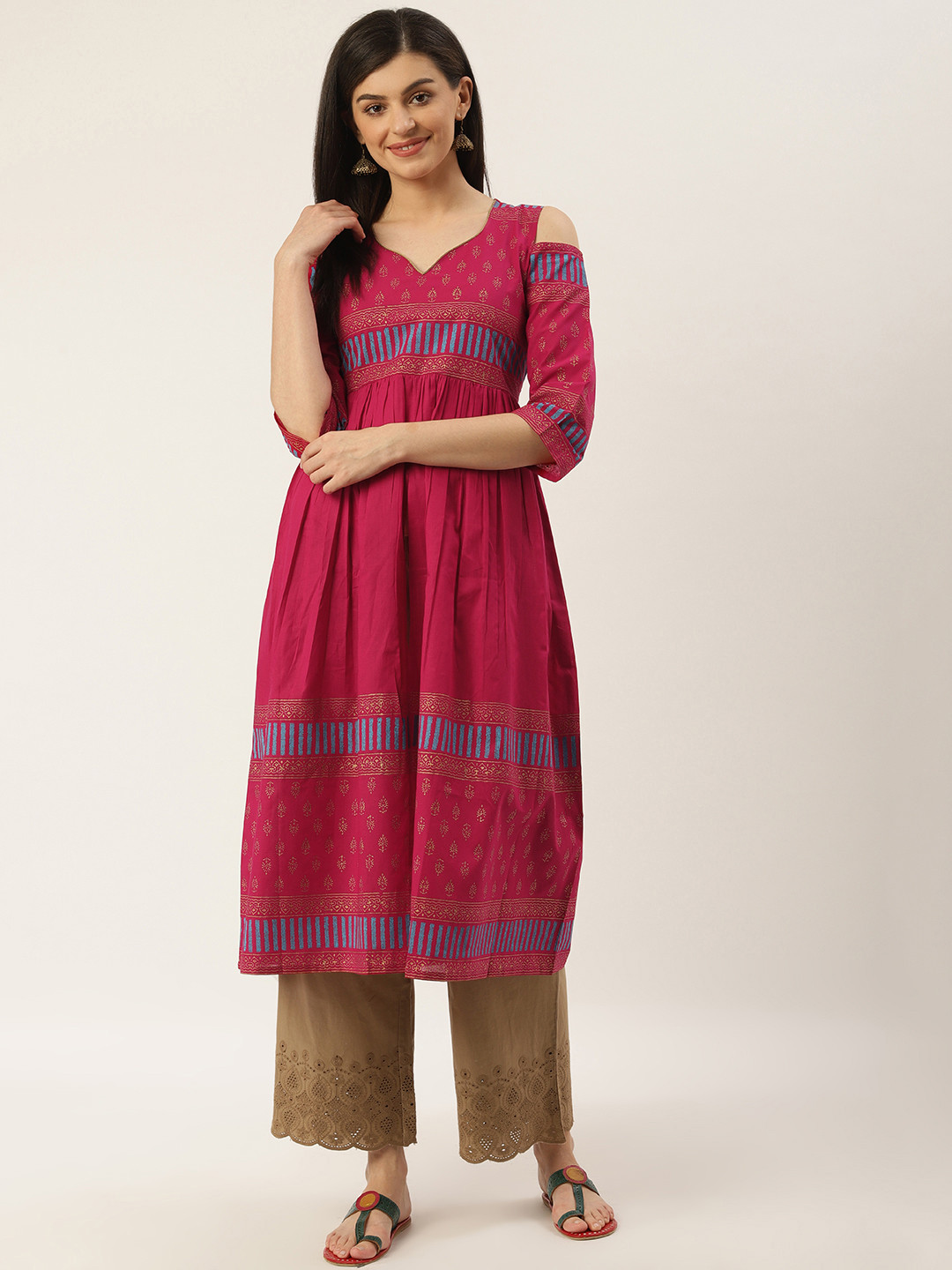 

Varkha Fashion Women Pink & Golden Block Printed Cold-Shoulder A-Line Kurta
