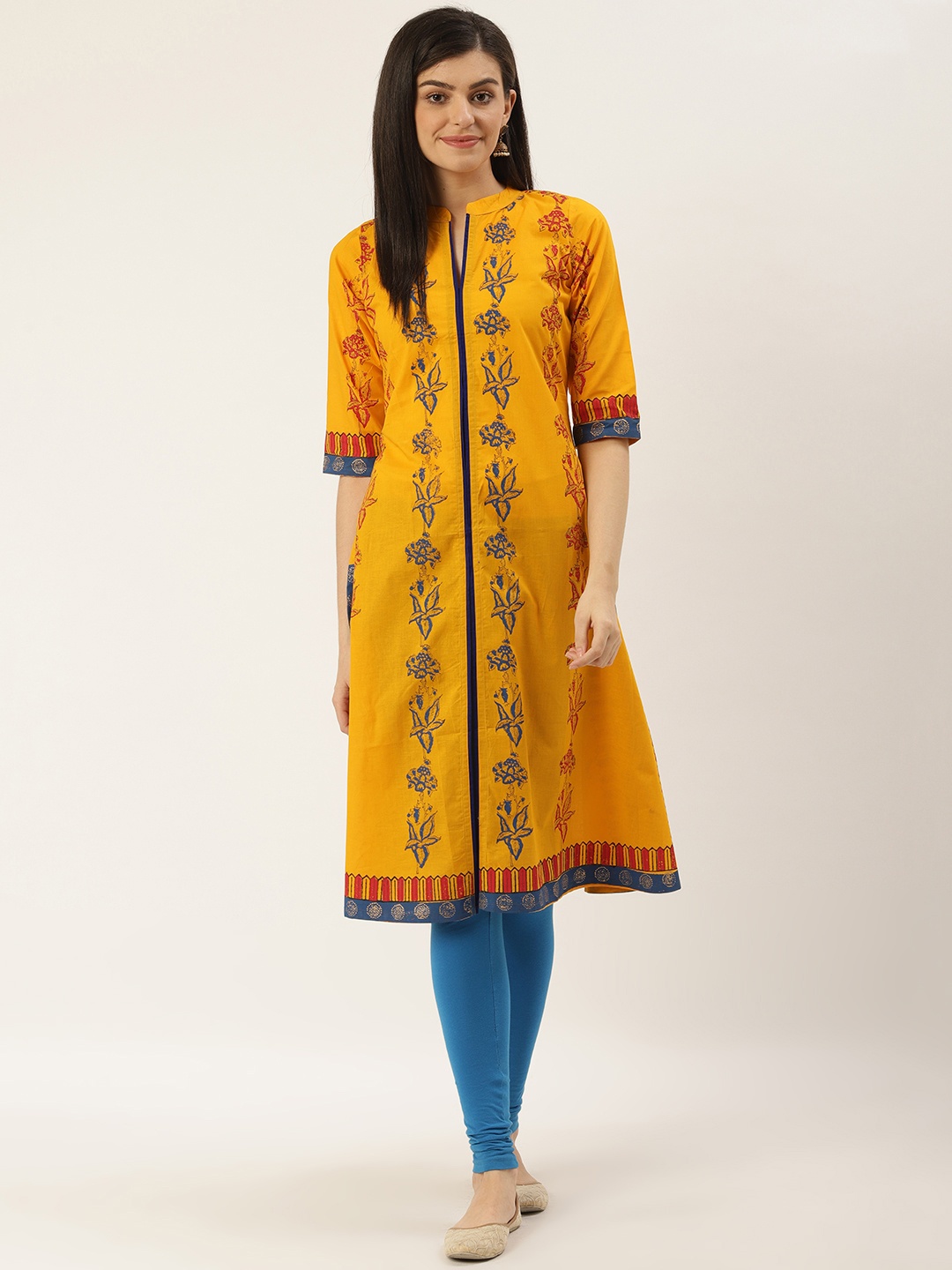 

Varkha Fashion Women Yellow & Navy Blue Hand Block Printed A-Line Kurta, Mustard