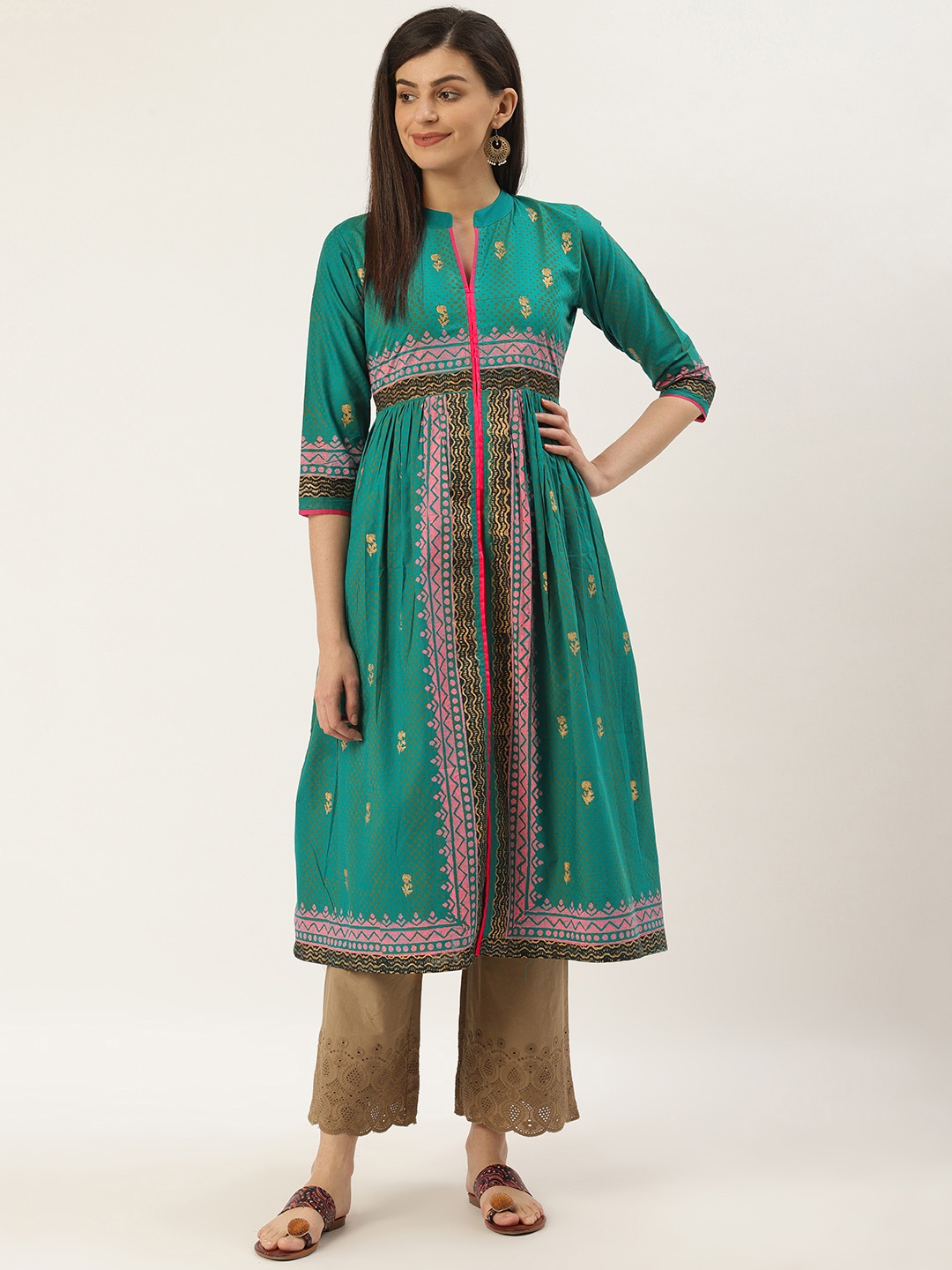 

Varkha Fashion Women Teal Green & Pink Hand Block Printed A-Line Kurta