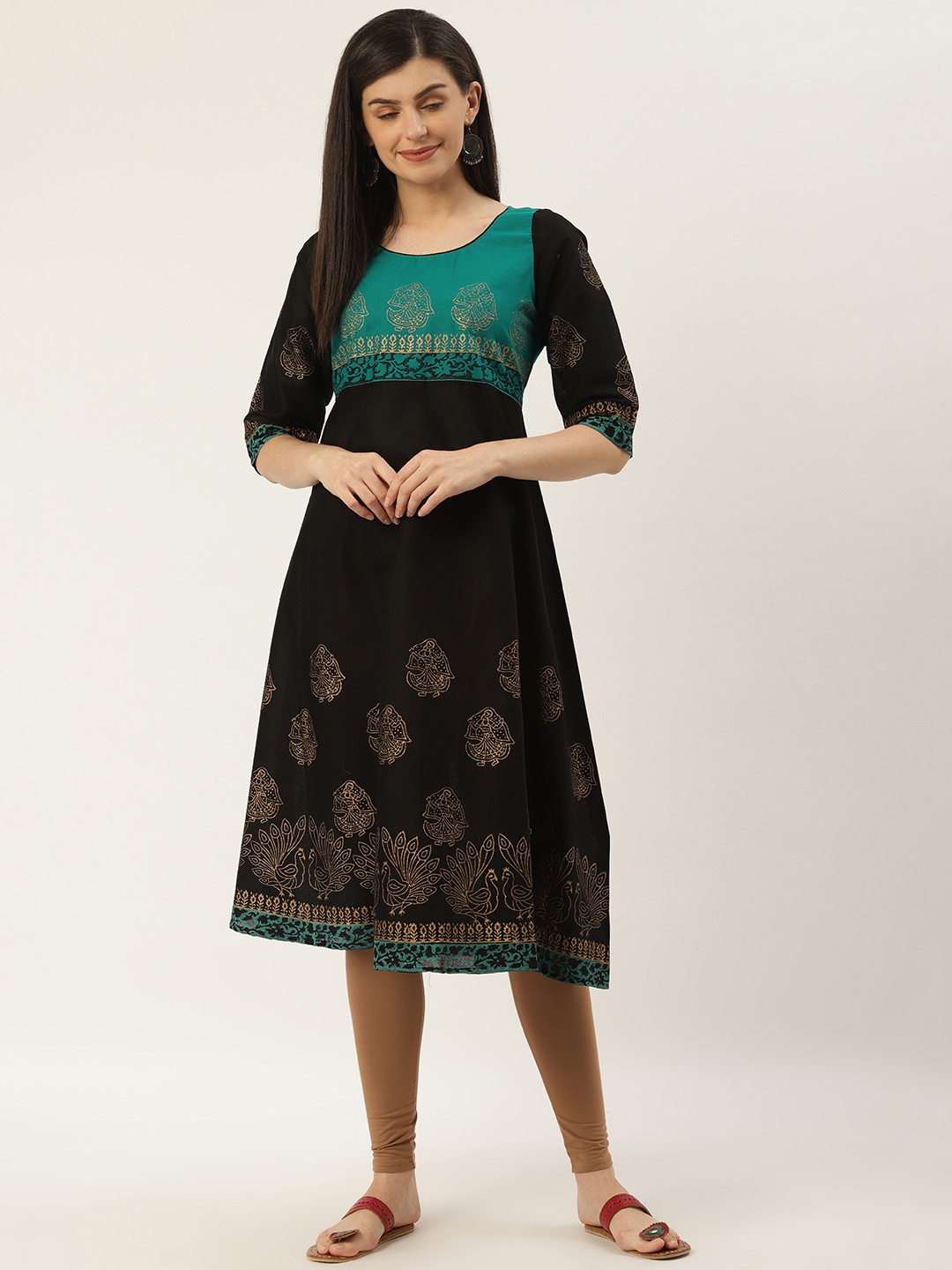 

Varkha Fashion Women Black & Golden Block Print A-Line Kurta