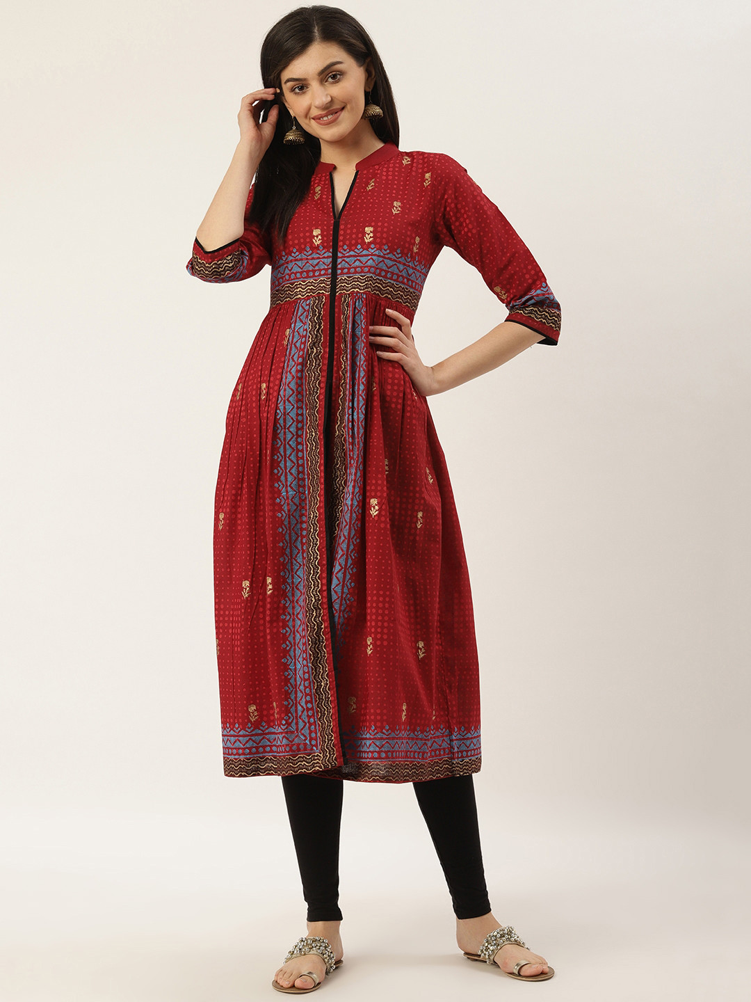 

Varkha Fashion Women Maroon & Golden Block Printed High Slit A-Line Kurta