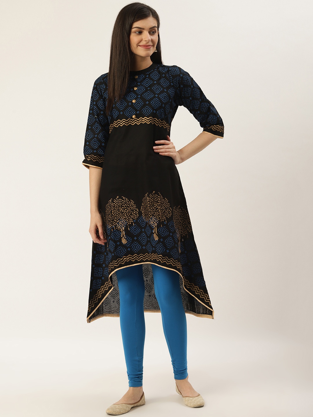 

Varkha Fashion Women Black & Golden Block Print A-Line Kurta