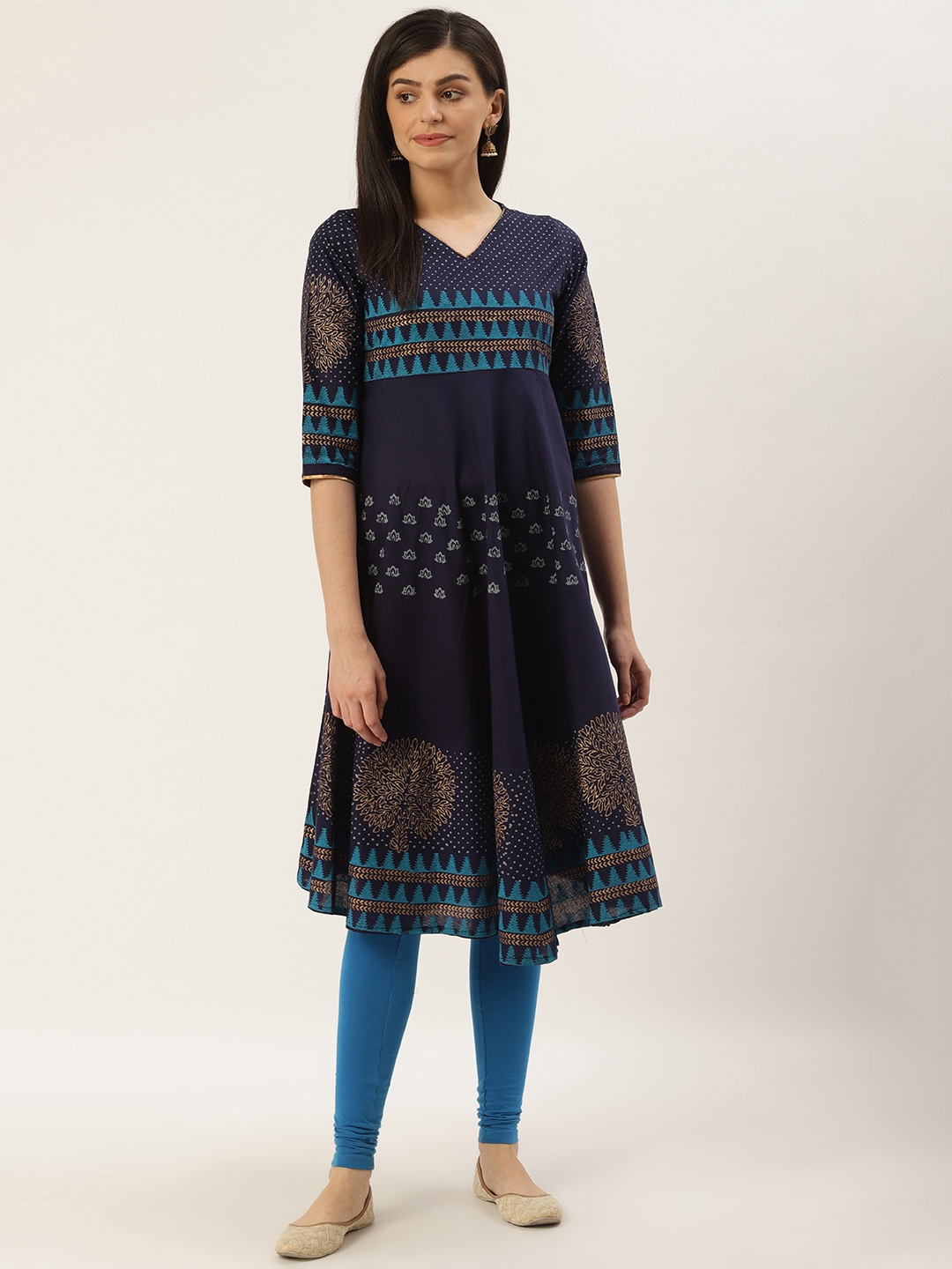 

Varkha Fashion Women Navy Blue & Golden Block Printed A-Line Kurta