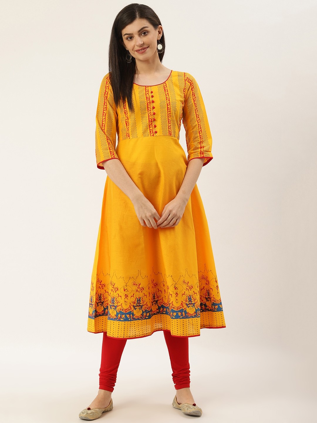 

Varkha Fashion Women Yellow & Navy Blue Hand Block Printed A-Line Kurta