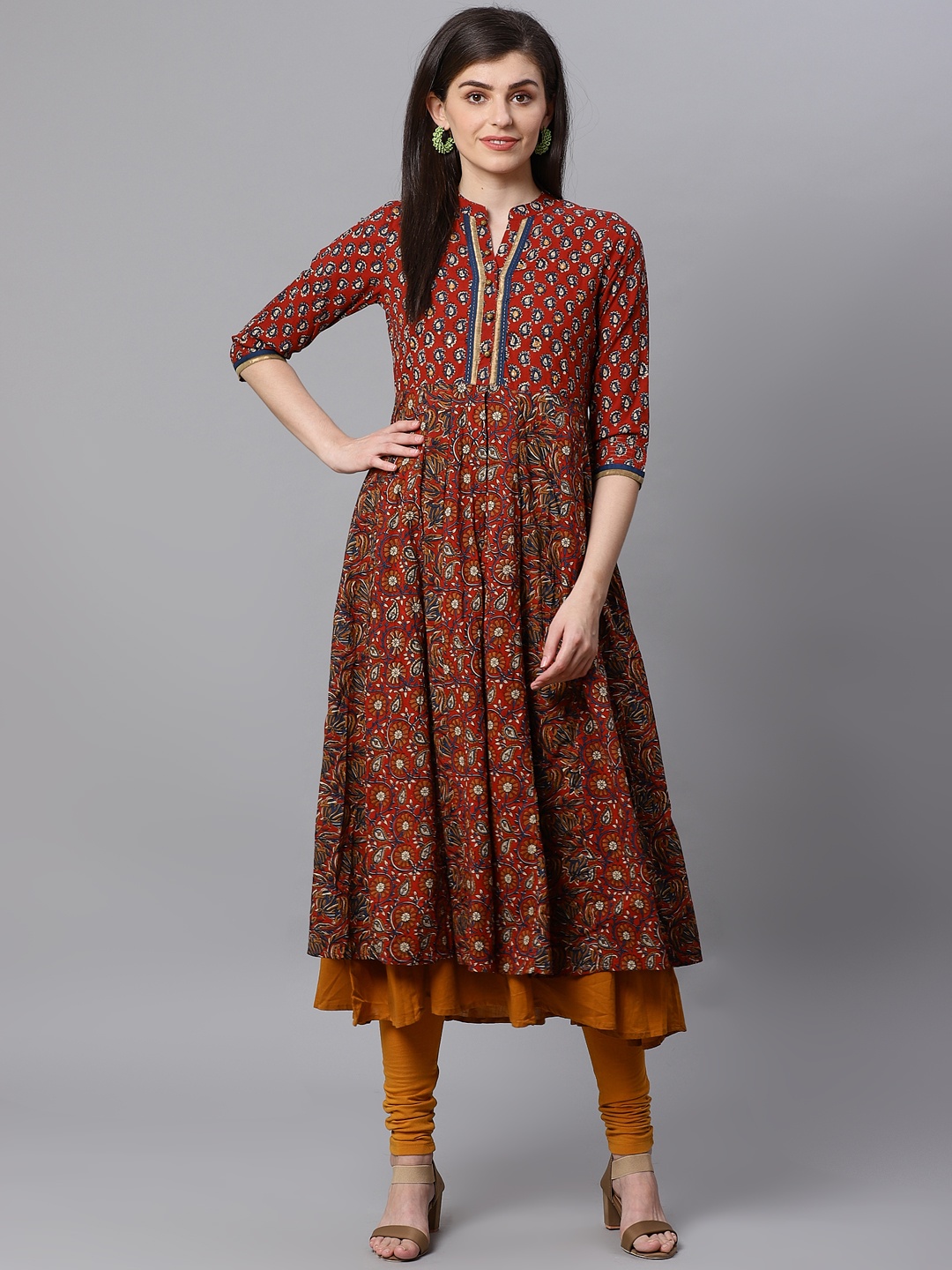 

Kifahari Women Maroon & Mustard Printed Layered Anarkali Kurta