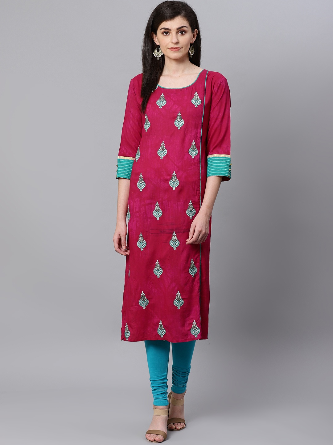 

Kifahari Women Fuchsia Pink & Blue Slim Fit Embroidered Straight Kurta
