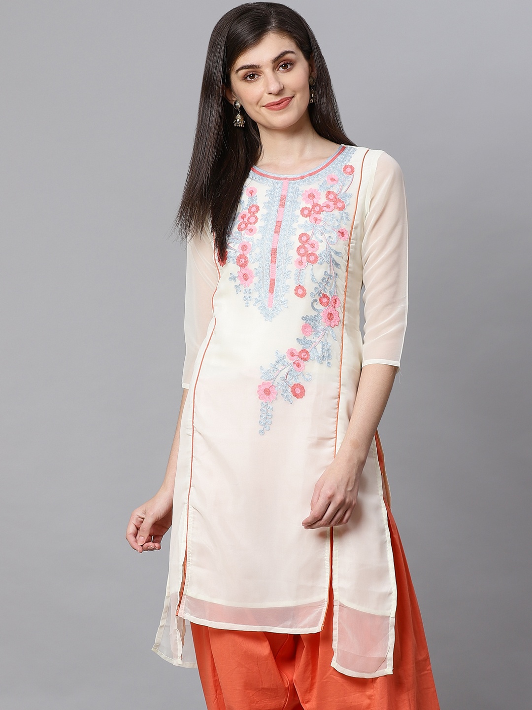 

Kifahari Women Off-White & Blue Embroidered Asymmetric Straight Kurta