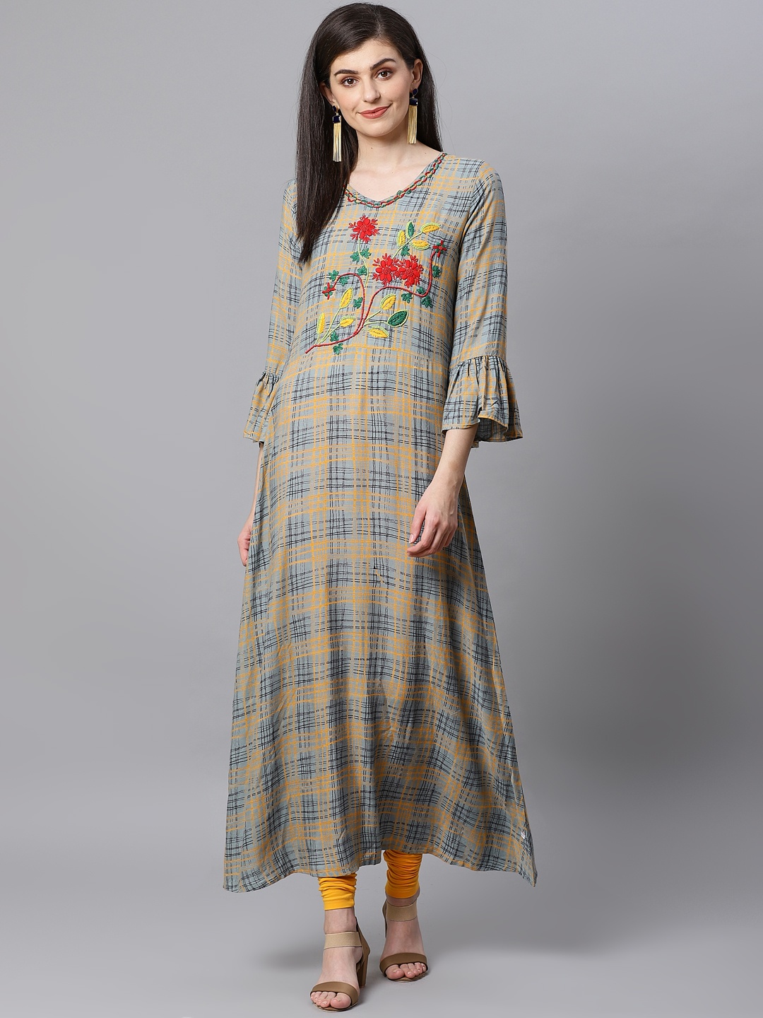 

Kifahari Women Grey & Mustard Yellow Checked A-Line Kurta